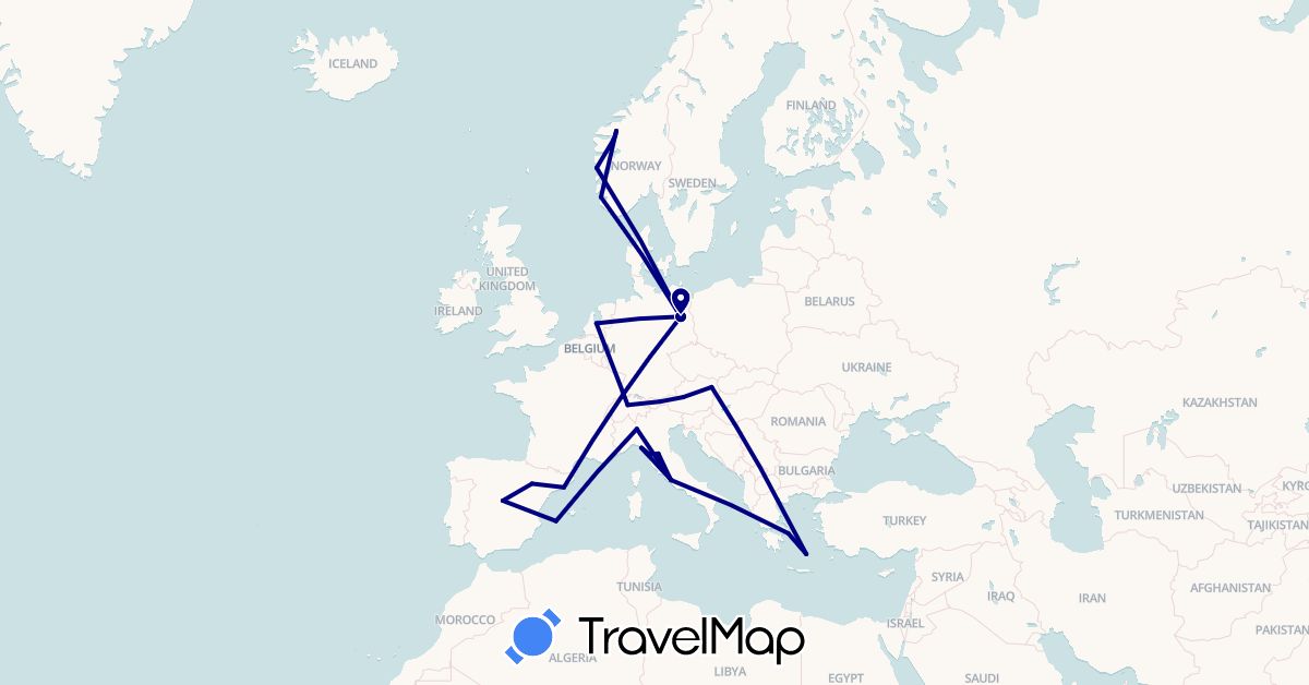 TravelMap itinerary: driving in Austria, Switzerland, Germany, Spain, Greece, Italy, Netherlands, Norway, Vatican City (Europe)