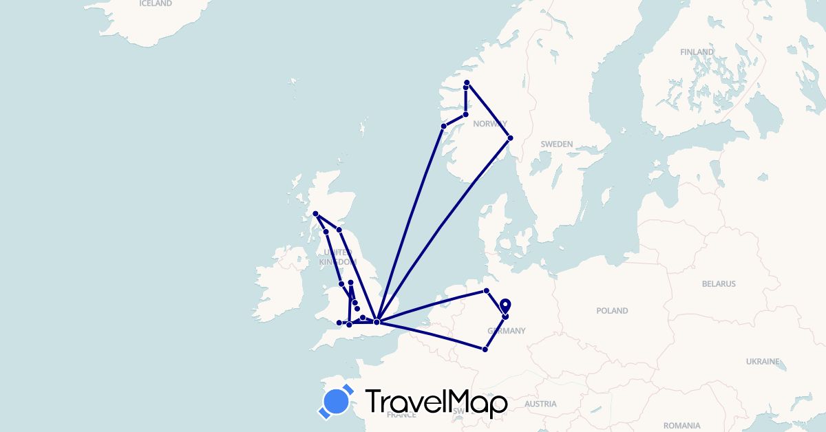 TravelMap itinerary: driving in Germany, United Kingdom, Norway (Europe)